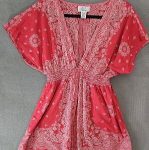 Vintage 90s Casual Living Womens Large Red Bandana Shirt Deep Vneck Boho